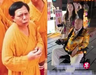 黄一飞（左图）曾是周星驰电影的御用配角；黄一飞（右图）坐轮椅出入画面曝光。 （互联网）