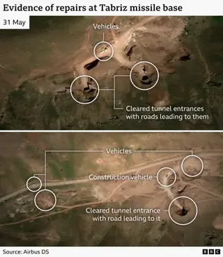 A satellite image shows evidence of ongoing repairs to Tabriz missile base. Excavated tunnels are annotated, along with construction vehicles and other machienry.