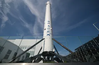 A SpaceX Falcon 9 rocket outside a SpaceX facility in Hawthorne, California.
