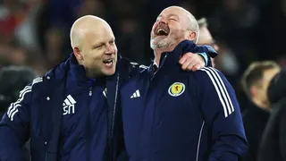 Scotland Head Coach Steve Clarke celebrates with Steven Naismith at Full Time during a FIFA World Cup 2026 Qualifier between Scotland and Denmark at Hampden Park, on November 18, 2025, in Glasgow, Scotland.