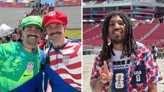 Split screen. Left, two guys dressed as Luigi and Mario. Right, man holding peace.