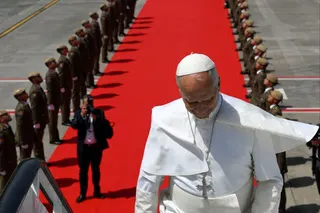 Pope Leo boards a plane at Tenerife Norte-Ciudad de La Laguna Airport, Canary Islands, Spain, on Friday. Photo: Vatican Media via Reuters