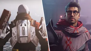 A vertically split image, with Destiny 2's Zavala facing away on the left side, and Lodi looking puzzled on the right side.