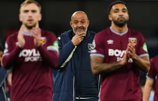 Nuno Espirito Santo, Jarod Bowen and Callum Wilson applaud the West Ham fans after the club was relegated.