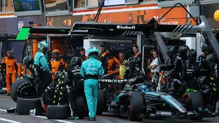 George Russell leaves the pits after stopping at the Mercedes garage during the Monaco Grand Prix