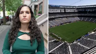 Split screen. Nada Tawfik on the left. New York New Jersey Stadium on the right.