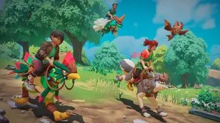 A trio of Temtem tamers riding their Temtem in Temtem: Pioneers, a Temtem game with Temtem in it.
