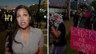 Split screen image showing correspondent Nada Tawfik on the right, and protesters holding a megaphone and a poster that reads 'borders are imaginary lines'