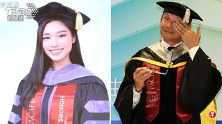 包小柏（右图）于台北科技大学毕业典礼致感言，已逝女儿包容以AI影像现身。 （取自TVBS新闻网）