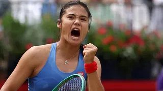 Emma Raducanu reacts to winning a point during her Queen's defeat by Donna Vekic