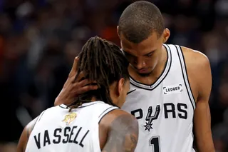 Devin Vassell and Victor Wembanyama of the San Antonio Spurs react during the fourth quarter against the New York Knicks in game five of the 2026 NBA Finals at the Frost Bank Center in San Antonio, Texas on June 13, 2026. — AFP pic