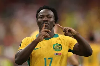 VANCOUVER, BRITISH COLUMBIA - JUNE 13: Nestory Irankunda #17 of Australia celebrates scoring his team's first goal during the FIFA World Cup 2026 Group D match between Australia and Türkiye at BC Place Vancouver on June 13, 2026 in Vancouver, British Columbia. Stu Forster/Getty Images/AFP (Photo by Stu Forster / GETTY IMAGES NORTH AMERICA / Getty Images via AFP)