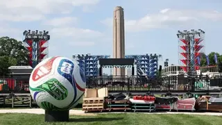 Getty Images A World Cup football in front of a fan zone being erected for the World Cup in Kansas City.