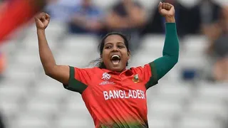 Bangladesh bowler Ritu Moni celebrates a wicket against the Netherlands