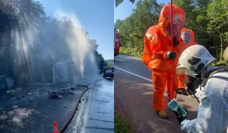 Hazmat personnel and firefighters respond to the hydrochloric acid spill after a tanker overturned near Cherating Bridge in Pahang on June 13, 2026. Authorities later confirmed that Sungai Cerating had not been contaminated. — Composite of social media pictures