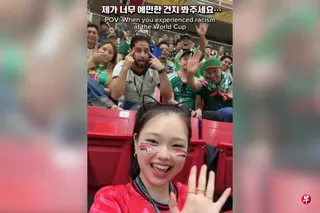 韩国网红“inocat_t”在世界杯看球时被当地球迷歧视。 （inocat_t社媒截图）