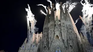 View of the fireworks for the inauguration of Jesus Christ tower by Pope Leo XIV at the Basílica de la Sagrada Família