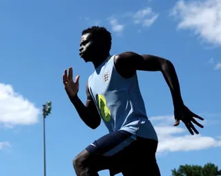 Bukayo Saka runs during training at England’s base in Kansas City
