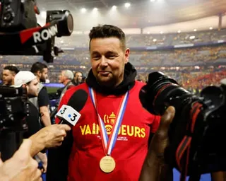 Pierre Sage is interviewed after winning the Coupe de France with Lens in May.
