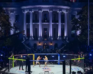 Brazil's Diego Lopes and America's Steve Garcia fighting in an octagonal ring in front of the White House.