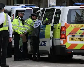 Metropolitan police officers detain a pro-Palestine demonstrator outside the Royal Courts of Justice in London