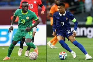 This combination of pictures created on June 14, 2026 shows Senegal's forward #10 Sadio Mane outpasses Egypt's forward #10 Mohamed Salah during the Africa Cup of Nations