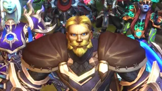 A group of adventurers, including a stern human warrior, gather their forces to defend Azeroth in World of Warcraft: Midnight.