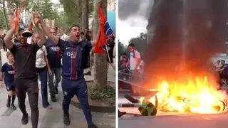Composite image showing PSG supporters on the left and a fire burning on the right