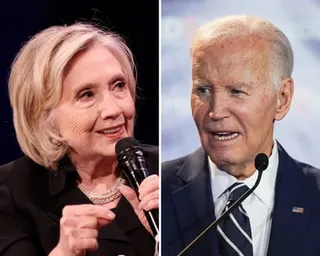a side-by-side image shows a woman speaking on the left and a man speaking on the right
