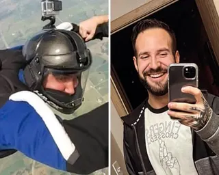 a side-by-side image shows a man skydiving on the left and a man smiling for a selfie on the right