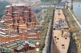 (From left) Dushan county’s ambitious Shuisi Building project and an unfinished, full-scale replica of the Titanic in Daying county.