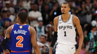 Victor Wembanyama #1 of the San Antonio Spurs reacts