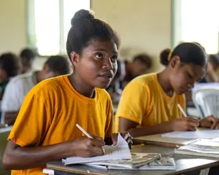 Lorna holds a pen in her hand as she sits at a desk in her classroom