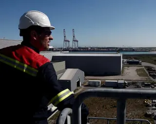 A worker in a white hard hat and high-visibility clothing overlooks an industrial port facility with cranes