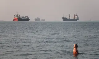 Reuters A woman in the water with a number of large vessels in the distance
