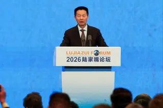 Wu Qing, chairman of the China Securities Regulatory Commission, speaks at the Lujiazui Forum 2026 in Shanghai on Wednesday. Photo: Reuters