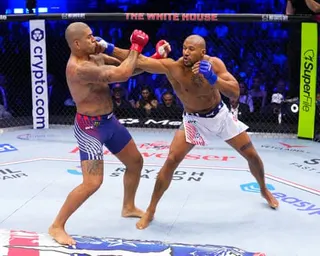 Ciryl Gane strikes Alex Pereira during their Sunday night fight for the interim UFC heavyweight title at the White House.