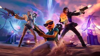 Three characters fire guns. One has a duck head and glasses. One is a scantily clad feminine character. And one looks like Keanu Reeves. This could only be possible in Fortnite.