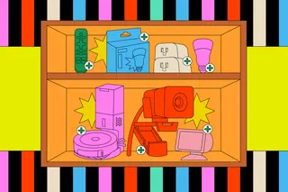 Colorful illustration of a mouse hovering over different products on a shelf.