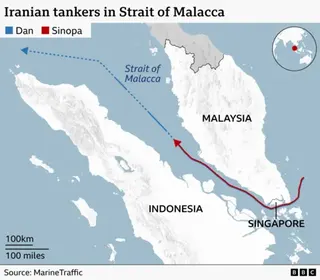 A map showing MarineTraffic tracking data for two Iranian oil tankers - Dan and Sinopa - which have been seen sailing north-west through the Strait of Malacca between Malaysia and Indonesia