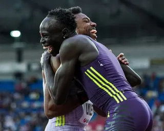 Noah Lyles and Gout Gout embrace after running the men’s 150m Men at the 65th Ostrava Golden Spike.