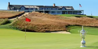 The U.S. Open trophy on a green at Shinnecock Hills Golf Club in Southampton, New York.