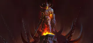 A hellknight in spiky armour with somebody's head in his hand, standing on a fiery stone object. From key art for Guild Wars 3.
