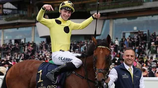 Billy Loughnane celebrates after riding Bow Echo to win the St James's Palace Stakes on day one of Royal Ascot in 2026