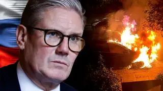 A composite image with a picture of Sir Keir Starmer on the left and on the right, a still from a video showing a car on fire, which was one of the arson attacks on property linked to him. Behind the image of Sir Keir is a Russian flag.