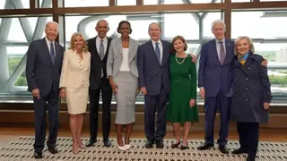 Getty Images Former President Joe Biden and former first lady Jill Biden, from left, former President Barack Obama and former first lady Michelle Obama, former President George W. Bush and former first lady Laura Bush, and former President Bill Clinton and former Secretary of State Hillary Clinton pose ahead of the dedication ceremony for the opening of the Barack Obama Presidential Center, in John Lewis Plaza, on June 18, 2026 in Chicago, Illinois. Barack Obama served as the 44th president of t