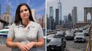 Split screen of a woman standing outside and a road in New York City full of cars.