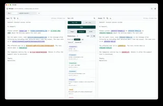 Text to PII workbench showing highlighted PII and redacted output, covering both directions