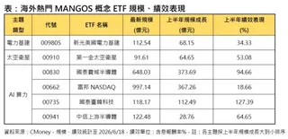 ▲海外熱門MANGOS概念ETF規模、績效表現。（圖╱法人提供）