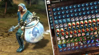 Guild Wars 2 split image: (left) a character running away, (right) an inventory completely full of items.